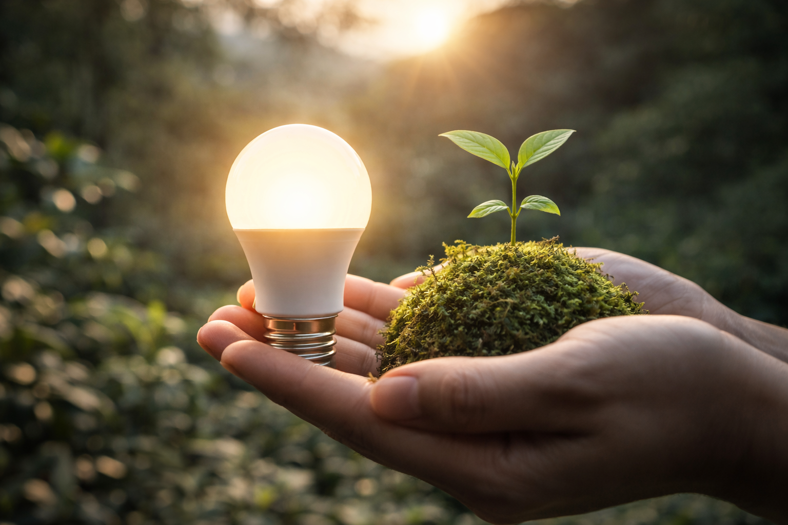 Leuchtende LED-Lampe und junge Pflanze in Händen als Symbol für nachhaltige Beleuchtung und umweltfreundliche Energie.